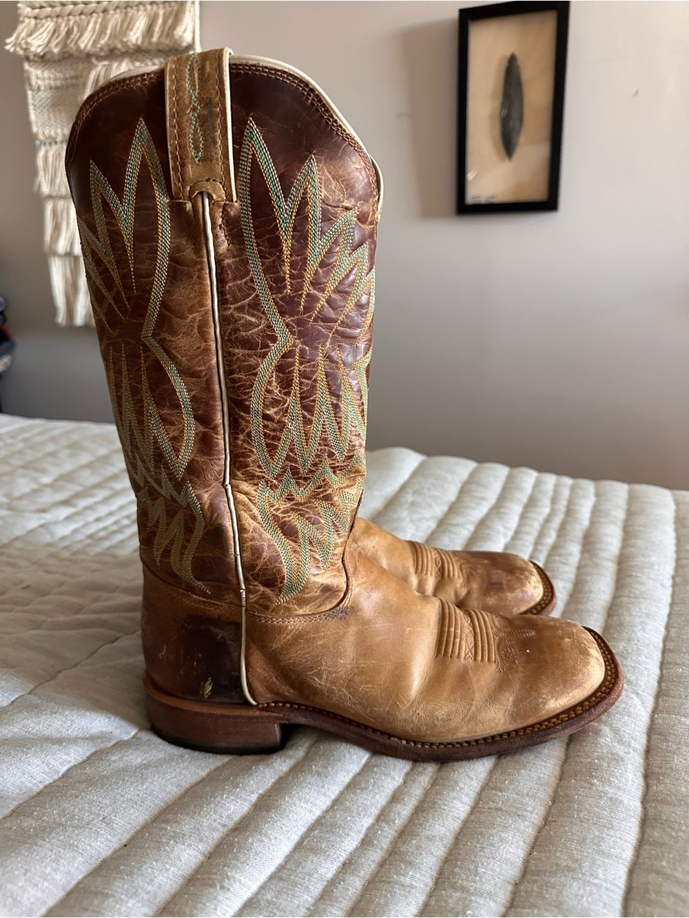 Tony Lama Brown Leather Western Heeled Boots with Green Stitching - Picture 3 of 10